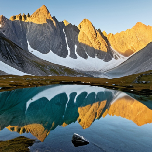Home 23 **A breathtaking view of the Accursed Mountains (Bjeshkët e Nemuna) at sunrise, with a small tent pitched beside a crystal-clear glacial lake. Jagged peaks are reflected in the water, creating a serene and majestic scene. The lighting is soft and golden, emphasizing the untouched beauty of the landscape.**