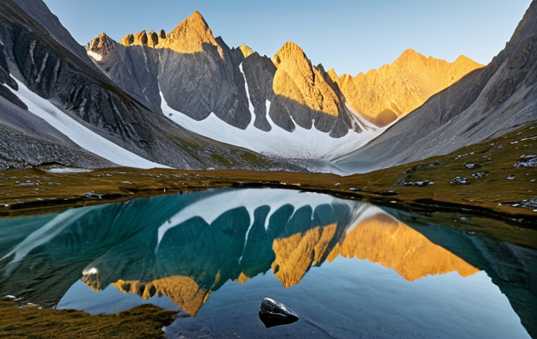**A breathtaking view of the Accursed Mountains (Bjeshkët e Nemuna) at sunrise, with a small tent pitched beside a crystal-clear glacial lake. Jagged peaks are reflected in the water, creating a serene and majestic scene. The lighting is soft and golden, emphasizing the untouched beauty of the landscape.**