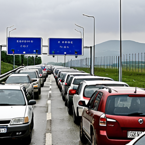 Home 22 **Image Prompt:** A long line of cars at the Merdare border crossing between Kosovo and Serbia. Overcast sky. Focus on the license plates and tired faces of the travelers waiting in their vehicles. In the style of a realistic travel photograph, emphasizing the patience required for this journey.