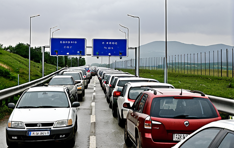 **Image Prompt:** A long line of cars at the Merdare border crossing between Kosovo and Serbia. Overcast sky. Focus on the license plates and tired faces of the travelers waiting in their vehicles. In the style of a realistic travel photograph, emphasizing the patience required for this journey.