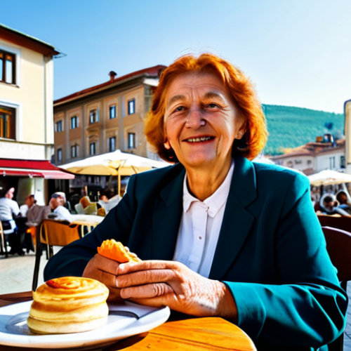 Home 21 A content senior woman in modest, comfortable casual wear, seated at an outdoor cafe table in a bustling, clean city square in Pristina, Kosovo. A steaming cup of coffee and local pastries are on the table. Traditional buildings and a relaxed atmosphere fill the background, with other well-dressed, diverse people enjoying the scene. Sunlight casts a warm, inviting glow. Perfect anatomy, natural pose, correct proportions, well-formed hands, proper finger count. Professional photography, high-quality, realistic, vibrant colors. Safe for work, appropriate content, fully clothed, family-friendly, modest attire.