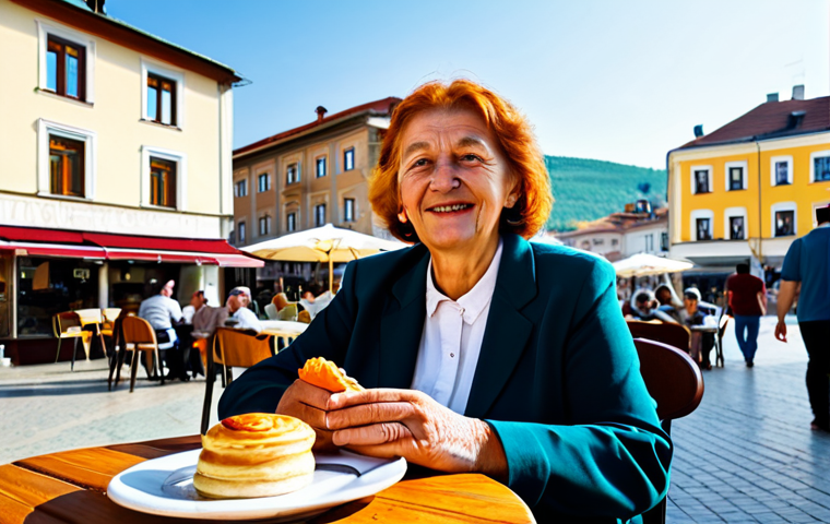 A content senior woman in modest, comfortable casual wear, seated at an outdoor cafe table in a bustling, clean city square in Pristina, Kosovo. A steaming cup of coffee and local pastries are on the table. Traditional buildings and a relaxed atmosphere fill the background, with other well-dressed, diverse people enjoying the scene. Sunlight casts a warm, inviting glow. Perfect anatomy, natural pose, correct proportions, well-formed hands, proper finger count. Professional photography, high-quality, realistic, vibrant colors. Safe for work, appropriate content, fully clothed, family-friendly, modest attire.