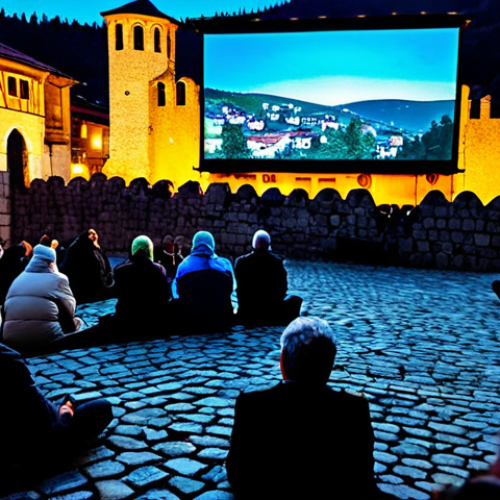 Home 20 A diverse group of professional, fully clothed individuals, including filmmakers and attendees, engaged in an outdoor film screening in historic Prizren, Kosovo. Ancient city walls are subtly illuminated by cinematic projections, reflecting on cobblestone streets. A large, open-air screen is visible under a blanket of stars, with hints of repurposed Ottoman-era architecture in the background. The atmosphere is vibrant, magical, and captures authentic storytelling. Safe for work, appropriate content, fully clothed, professional. Perfect anatomy, correct proportions, natural pose, well-formed hands, proper finger count, natural body proportions, high quality.