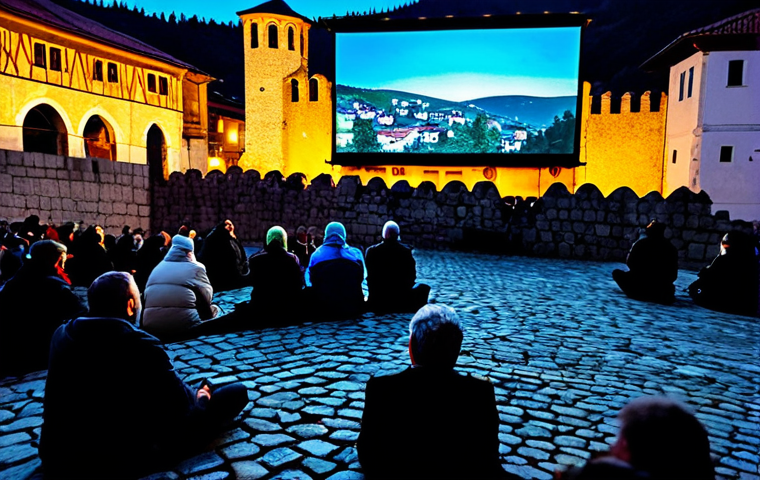 A diverse group of professional, fully clothed individuals, including filmmakers and attendees, engaged in an outdoor film screening in historic Prizren, Kosovo. Ancient city walls are subtly illuminated by cinematic projections, reflecting on cobblestone streets. A large, open-air screen is visible under a blanket of stars, with hints of repurposed Ottoman-era architecture in the background. The atmosphere is vibrant, magical, and captures authentic storytelling. Safe for work, appropriate content, fully clothed, professional. Perfect anatomy, correct proportions, natural pose, well-formed hands, proper finger count, natural body proportions, high quality.