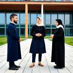 A professional image featuring a group of young adults in Kosovo, fully clothed in modern, modest attire, engaging in a friendly conversation at a vibrant university campus. In the background, a modern building subtly incorporates architectural cues from historical Ottoman design, alongside a distant, classic church spire. The scene emphasizes positive interfaith interaction and a shared future. perfect anatomy, correct proportions, natural pose, well-formed hands, proper finger count, natural body proportions, professional photography, high quality, safe for work, appropriate content, fully clothed, family-friendly, modest clothing.