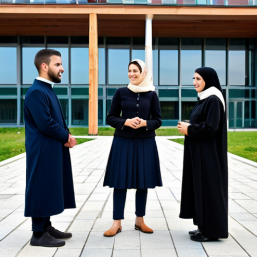 Home 9 A professional image featuring a group of young adults in Kosovo, fully clothed in modern, modest attire, engaging in a friendly conversation at a vibrant university campus. In the background, a modern building subtly incorporates architectural cues from historical Ottoman design, alongside a distant, classic church spire. The scene emphasizes positive interfaith interaction and a shared future. perfect anatomy, correct proportions, natural pose, well-formed hands, proper finger count, natural body proportions, professional photography, high quality, safe for work, appropriate content, fully clothed, family-friendly, modest clothing.