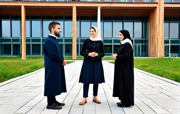 A professional image featuring a group of young adults in Kosovo, fully clothed in modern, modest attire, engaging in a friendly conversation at a vibrant university campus. In the background, a modern building subtly incorporates architectural cues from historical Ottoman design, alongside a distant, classic church spire. The scene emphasizes positive interfaith interaction and a shared future. perfect anatomy, correct proportions, natural pose, well-formed hands, proper finger count, natural body proportions, professional photography, high quality, safe for work, appropriate content, fully clothed, family-friendly, modest clothing.