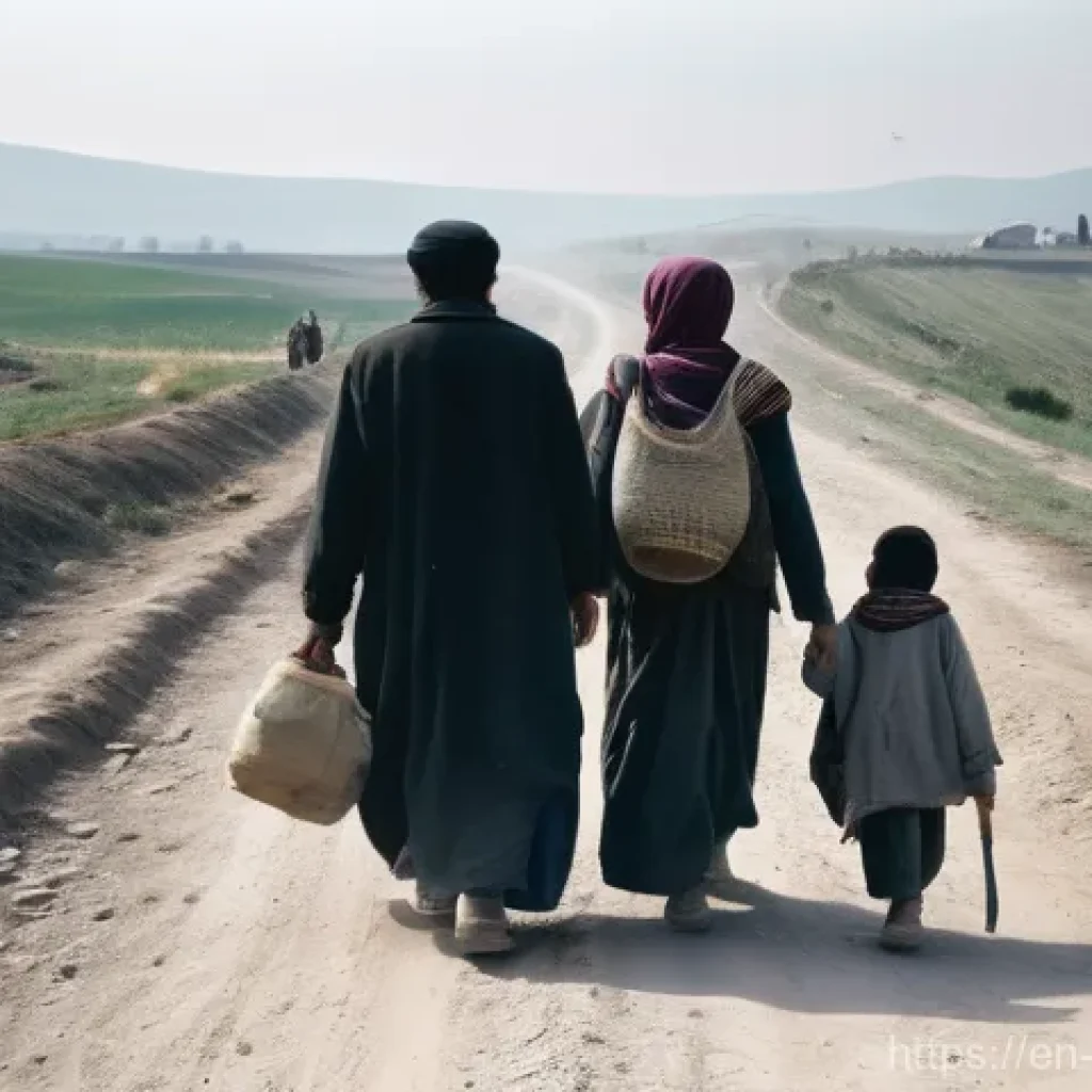 코소보 NATO 개입 - **A powerful and poignant scene depicting a diverse group of refugees, including men, women, and res...