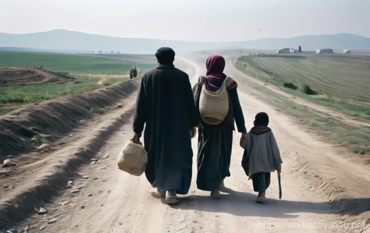 코소보 NATO 개입 - **A powerful and poignant scene depicting a diverse group of refugees, including men, women, and res...
