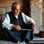 Home 14 코소보에서 지역 음악 듣기 - **The Soulful Lahutar:** A wise, elderly Kosovar man with a deeply lined face, wearing traditional, ...