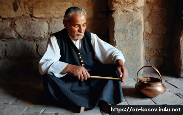 코소보에서 지역 음악 듣기 - **The Soulful Lahutar:** A wise, elderly Kosovar man with a deeply lined face, wearing traditional, ...