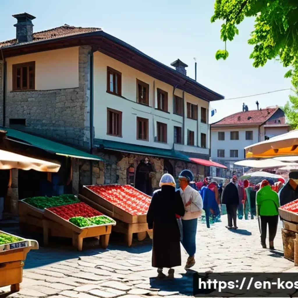 코소보에서 전통 시장 탐방 - A bustling traditional Kosovo market scene in the morning light, vibrant stalls overflowing with fre...