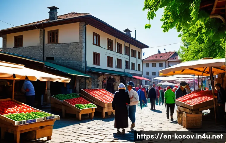 코소보에서 전통 시장 탐방 - A bustling traditional Kosovo market scene in the morning light, vibrant stalls overflowing with fre...