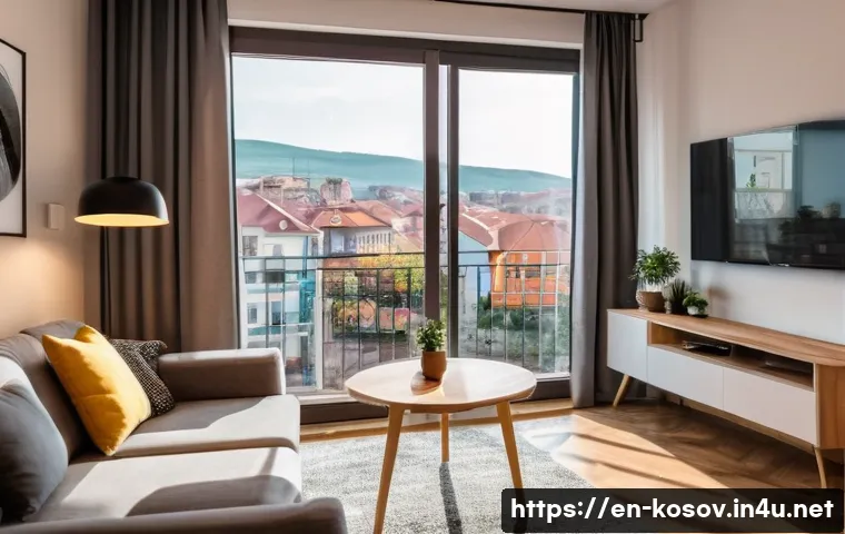 코소보 거주비용 - A cozy modern apartment interior in Pristina city center, featuring a furnished living room with a c...