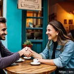 코소보에서 현지인과 소통하기 - A cozy urban caf&eacute; scene in Pristina, Kosovo, featuring a diverse group of adults warmly greeting eac...
