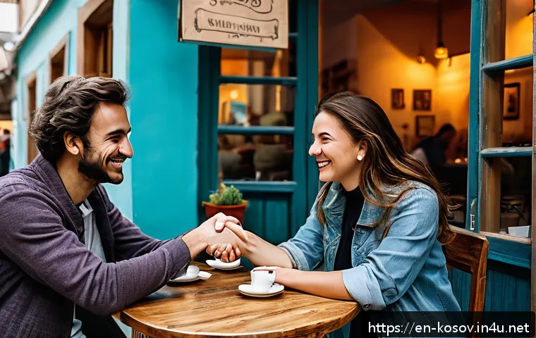 코소보에서 현지인과 소통하기 - A cozy urban café scene in Pristina, Kosovo, featuring a diverse group of adults warmly greeting eac...