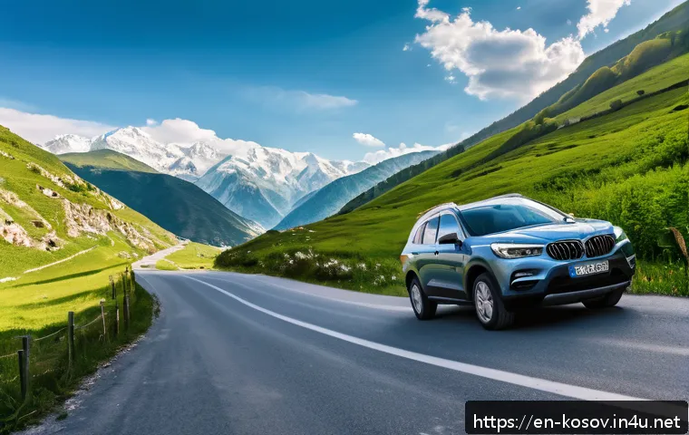 코소보에서 렌터카 이용법 - A scenic driving scene in Kosovo&rsquo;s Rugova Valley during daylight, featuring a narrow winding rural r...