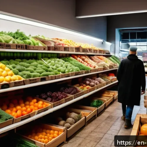 코소보에서 슈퍼마켓 찾기 - A vibrant indoor farmer&rsquo;s market section inside a modern Kosovo supermarket, showcasing colorful fre...