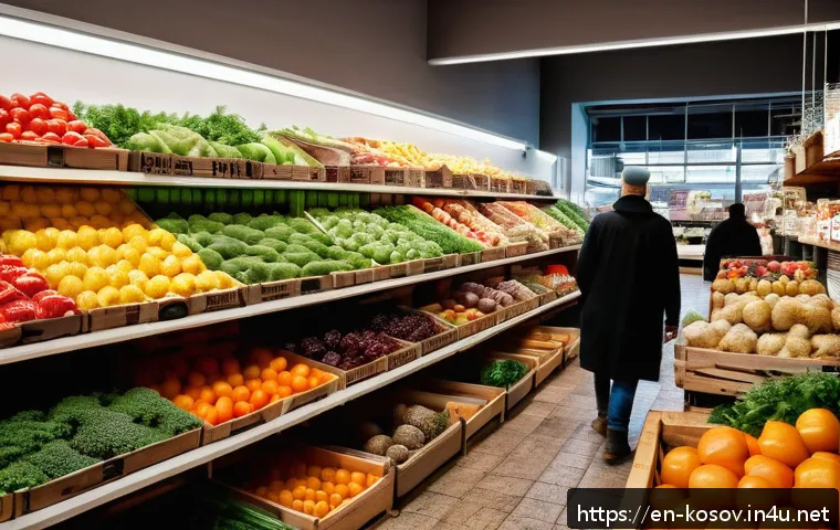 코소보에서 슈퍼마켓 찾기 - A vibrant indoor farmer&rsquo;s market section inside a modern Kosovo supermarket, showcasing colorful fre...