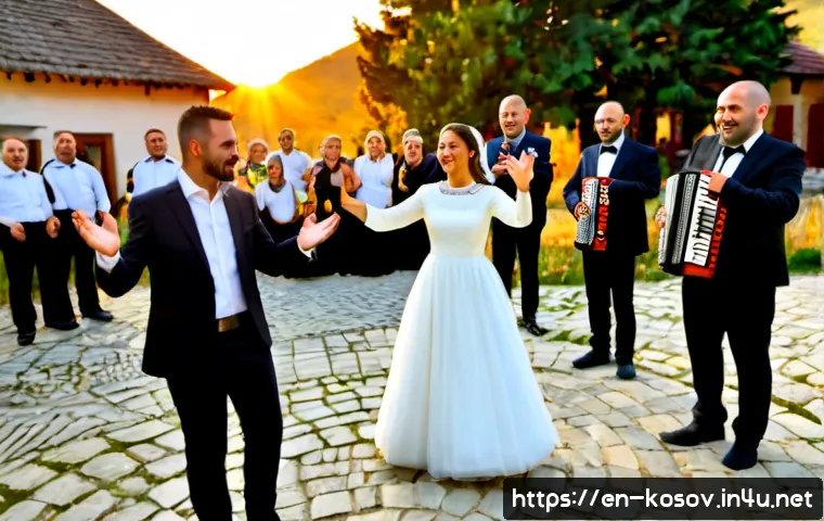 Home 17 코소보에서 결혼 문화 - Photorealistic Kosovo wedding reception in a warmly lit family courtyard, elegant bride in a modest ...