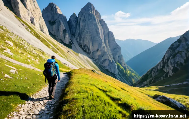 코소보에서 등산하기 - Photorealistic wide-angle view of a solo hiker in practical outdoor clothing with a backpack walking...