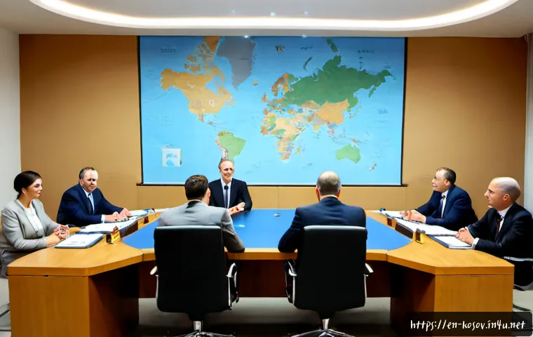 코소보와 발칸 정치 - Photorealistic wide-angle view of a formal Balkan regional diplomacy meeting in a modern government ...