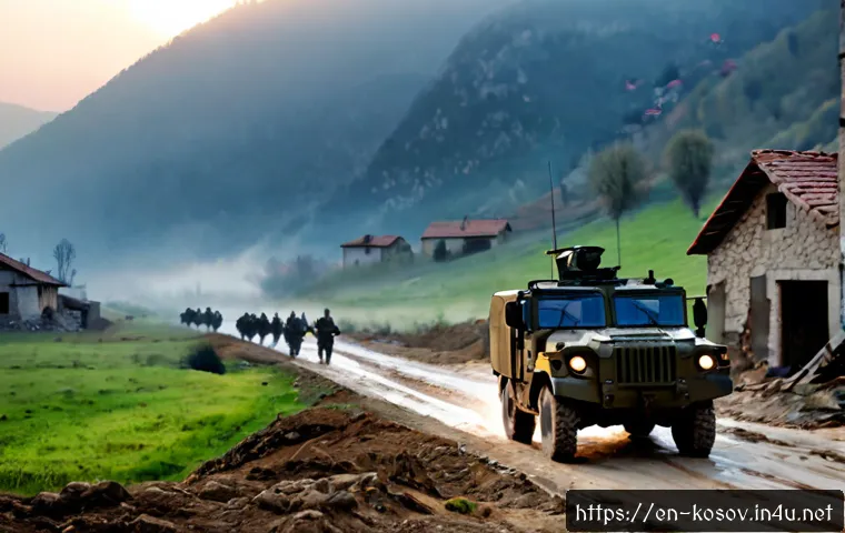 코소보 전쟁 주요 전투 - Photorealistic historical conflict scene inspired by the Kosovo War, wide view of a misty Balkan mou...