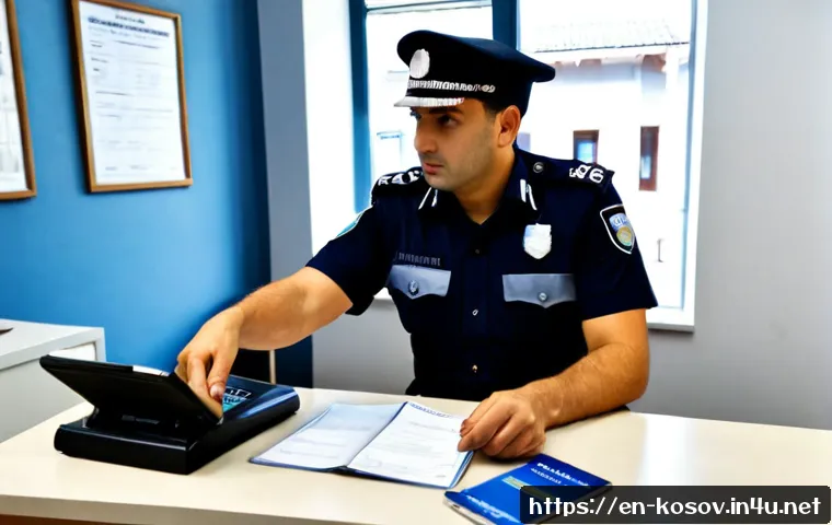 Home 17 코소보에서 여권 분실 시 대처법 - Photorealistic travel assistance scene in Kosovo, worried adult traveler at a clean local police sta...