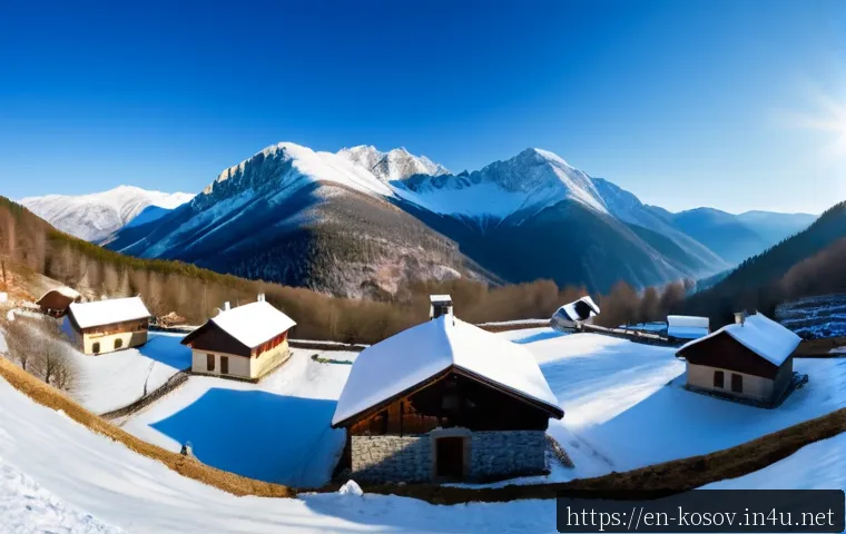 코소보의 기후와 날씨 - Photorealistic wide landscape of Kosovo’s Rugova Mountains in winter, snow-covered pine forests and ...