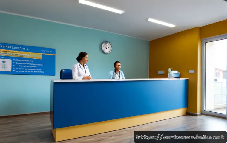 Home 17 코소보 병원 이용 방법 - Photorealistic hospital reception in Pristina, Kosovo, a calm adult visitor speaking with a helpful ...